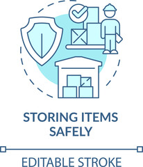 Storing items safely turquoise concept icon. Measure to avoid workplace injuries abstract idea thin line illustration. Isolated outline drawing. Editable stroke. Arial, Myriad Pro-Bold fonts used