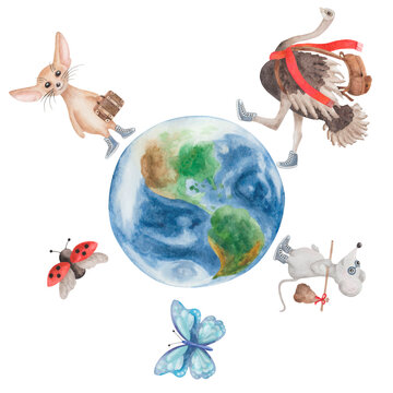 Watercolor illustration. Hand painted fox fennec, ostrich bird, mouse. Flying ladybug, butterfly. Planet Earth with ocean, mountain, continents. Travelling cartoon animal characters. Earth Day poster