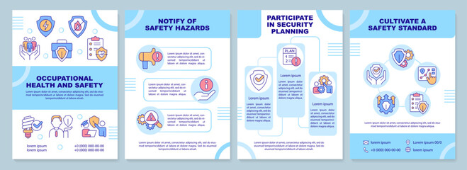 Fototapeta na wymiar Occupational health and safety blue brochure template. Leaflet design with linear icons. Editable 4 vector layouts for presentation, annual reports. Arial-Black, Myriad Pro-Regular fonts used