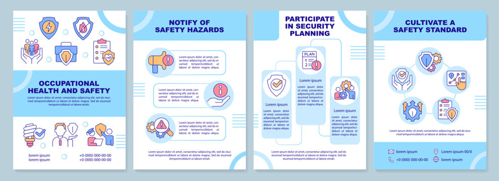 Occupational health and safety blue brochure template. Leaflet design with linear icons. Editable 4 vector layouts for presentation, annual reports. Arial-Black, Myriad Pro-Regular fonts used