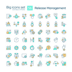 Release management RGB color big icons set. Software product development. Isolated vector illustrations. Simple filled line drawings collection. Editable stroke. Montserrat Bold, Light fonts used