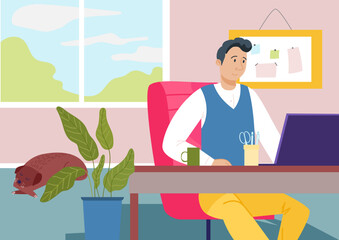 Online internet remote workplace, male character freelancer job at home, self discipline outsourcer employee flat vector illustration.