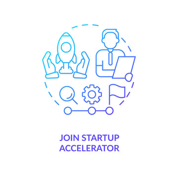 Join Startup Accelerator Blue Gradient Concept Icon. Entrepreneur Program. Small Business. Investing Platform Abstract Idea Thin Line Illustration. Isolated Outline Drawing. Myriad Pro-Bold Font Used