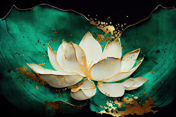 lotus marble texture with abstract green, white, glitter and gold background alcohol ink colors	