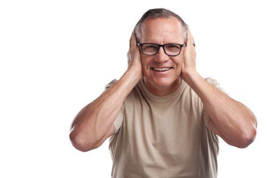 PNG shot of a mature man standing against a grey background in the studio and covering his ears with his hands