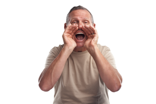 PNG shot of a handsome mature man standing alone against a grey background in the studio and shouting