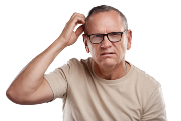 PNG shot of a handsome mature man standing against a grey background in the studio and scratching his head in confusion