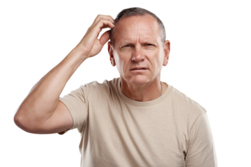 PNG shot of a handsome mature man standing against a grey background in the studio and scratching his head in confusion
