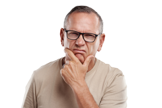PNG shot of a handsome mature man standing alone against a grey background in the studio and giving a disapproving look - Powered by Adobe
