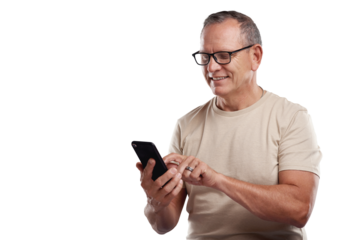 PNG shot of a handsome mature man standing alone against a grey background in the studio and using his cellphone
