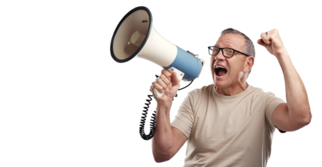 PNG shot of a handsome mature man standing alone against a grey background in the studio and using a megaphone