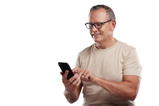 PNG shot of a handsome mature man standing alone against a grey background in the studio and using his cellphone
