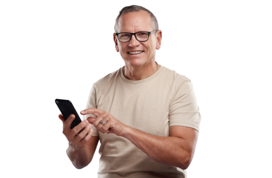 PNG shot of a handsome mature man standing alone against a grey background in the studio and using his cellphone
