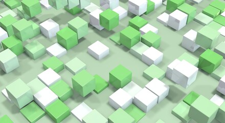 Floating cubes. Abstract geometric background in green and white colors. 3d render