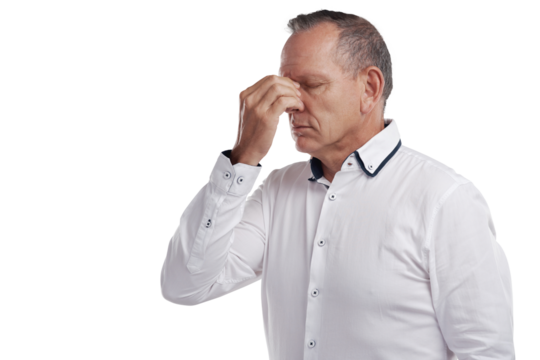 PNG shot of a handsome mature businessman standing alone against a grey background in the studio and feeling stressed