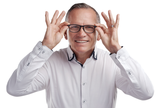 PNG shot of a handsome mature businessman standing alone against a grey background in the studio and adjusting his glasses