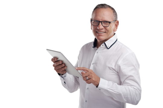 PNG shot of a handsome mature businessman standing alone against a grey background in the studio and using a digital tablet
