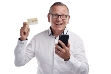 PNG Shot of a handsome mature businessman standing against a grey studio background and using his cellphone for online shopping