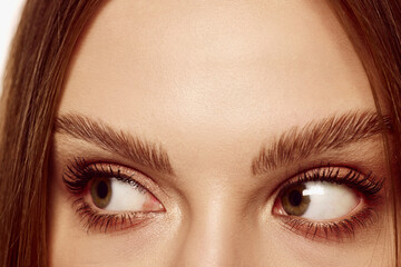 Look away. Close up of beautiful brown female eyes. Perfect trendy eyebrow. Concept of vision, contact lenses, trendy eyebrow makeup concept.