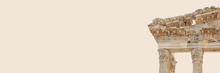 The Temple of Trajan in Pergamon Ancient City. Close up fragment of the entablature. Corinthian order. Isolated, banner, solid color background. History, art or architecture concept. Bergama, Turkey