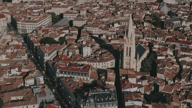 Aerial View Of Former Gothic Revival Church Turned Into An Art Museum. Carre Sainte Anne In Montpellier, France. orbiting shot