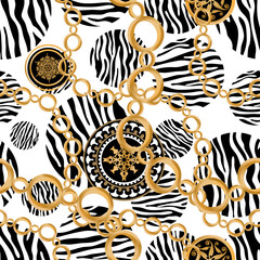 Seamless pattern decorated with precious stones, gold chains and pearls.	