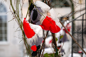 Decorated christmas tree pine on blurred background, bokeh light banner