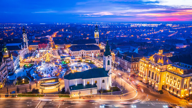 Oradea, Romania. Aerial view of Christmas Market in Crisana - Transylvania, Eastern Europe