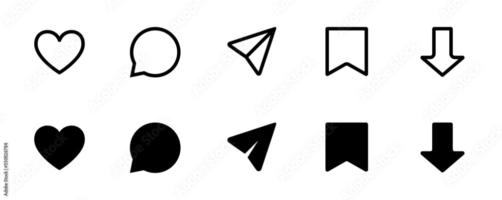 Poster like, comment, share, save and download icons set social media ui minimalist design template vector