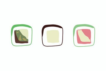 Vector icon set of yummy colored sushi rolls. Collection of different flavours and kinds. Traditional Japanese food. Asian seafood group.