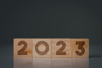In 2023, on wooden block with copy space, New year starts planning and strategy to achieve goals.