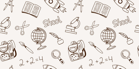 School doodle vector seamless pattern with hand-drawn illustration supplies