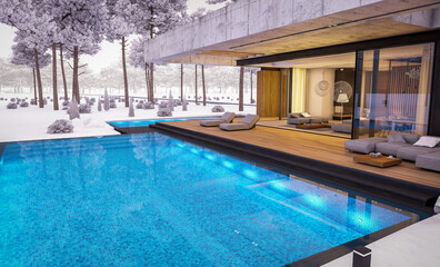 Obraz premium 3d rendering of new concrete house in modern style with pool and parking for sale or rent and beautiful landscaping on background. One floor house. Cool winter evening with cozy light from windows