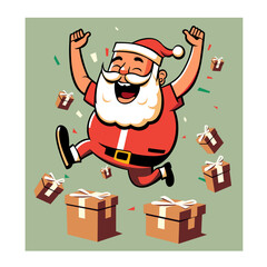 Happy Santa Claus jumping between gift boxes