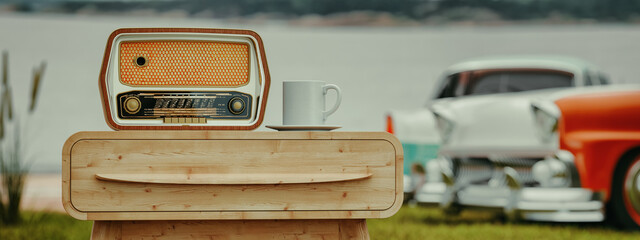 Radio, retro style, on wooden table, minimal
