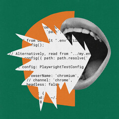 Contemporary art collage. Creative design. Female mouth shouting coding information. Data science...