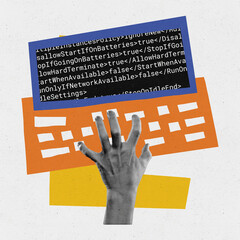 Contemporary art collage. Creative design. Male hand fast typing on keyboard, developing code,...