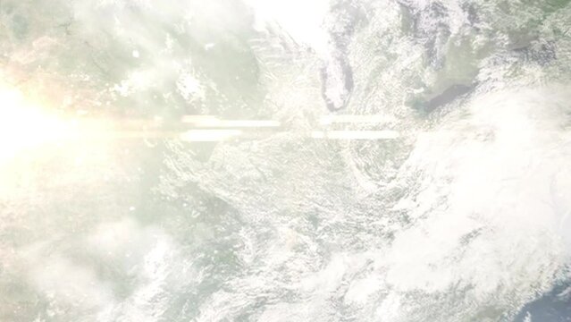 Earth zoom in from outer space to city. Zooming on Springfield, Illinois, USA. The animation continues by zoom out through clouds and atmosphere into space. Images from NASA
