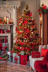 Fototapeta na wymiar Happy new year interior christmas background. Red Decorated glowing tree with gifts box, fireplace with candles sunlight