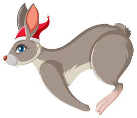 Side view of grey rabbit wearing red hat