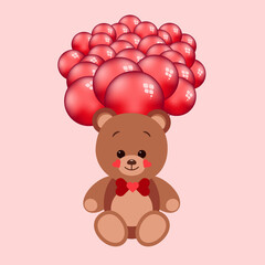 Cute teddy with a bow tie and red balls sitting on pink background