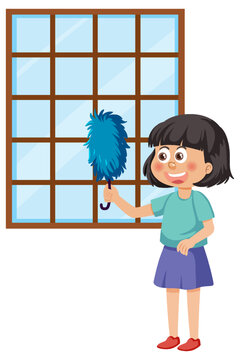 recommend clip art: A girl cleaning window with feather duster