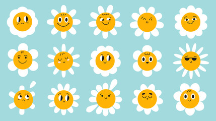 Smiling daisy character set, Camomile doodle background, funny face, flower head without stem