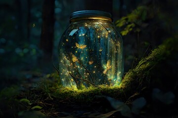 Beautiful Fireflies in Magic Fantasy Forest