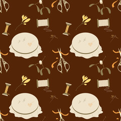 Seamless pattern with threads, curly scissors, canvas with embroidery, bows, ribbons and needle. On a brown background. Set of accessories for sewing and handmade with dressmaking accessories.