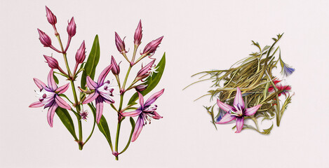 Swertia Chiraita. Botanical illustration on white paper. The best medicinal plants, their effects and contraindications. Natural medicine. Plant properties.