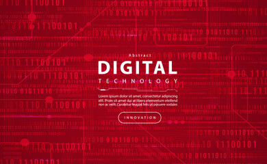 Digital technology red background concept, circuit technology light effect, abstract binary cyber tech, innovation future data, internet network connection, Ai big data, line dot illustration vector