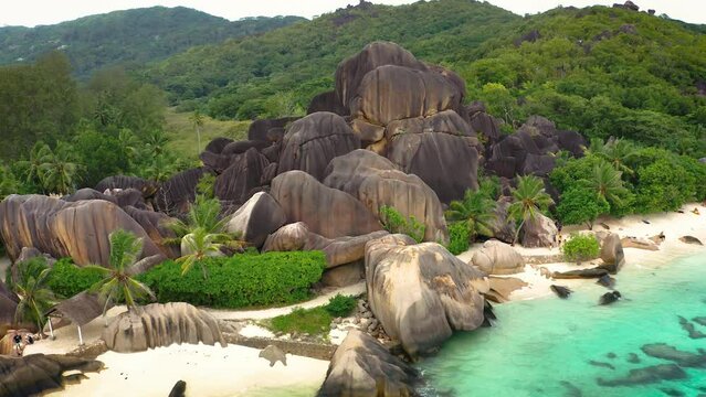 Flying above Anse Source D'argent beach at the La Digue Island, Seychelles