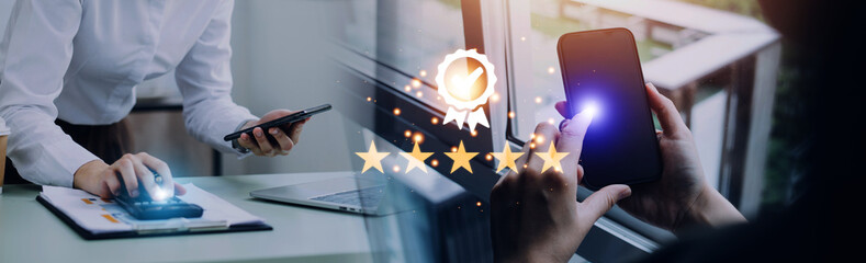 Hand shows the sign of the top service Quality assurance 5 star, Guarantee, Standards, ISO certification and standardization concept.