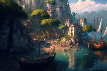 AI generated image of an ancient fishing village at dusk	

